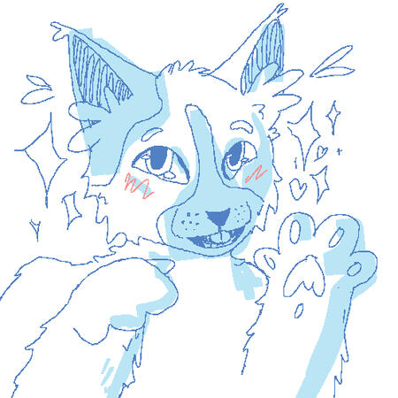 A sketch of a headshot of a happy cat waving surrounded by sparkles.