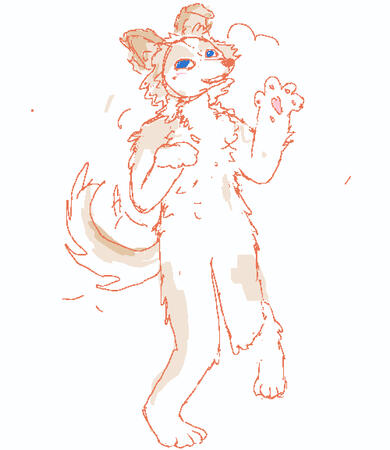 A full body skeych of a happy fluffy brown and white anthro dog, waving