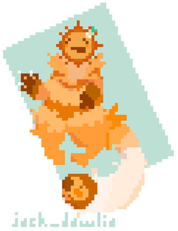 A pixel art fluffy brown mammal with a sun shaped head, waving.