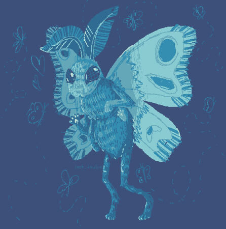 A teal anthro moth with cat-like paws and hind legs, waving.