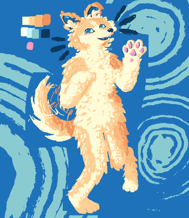A full body drawing of a happy fluffy brown and white anthro dog, waving