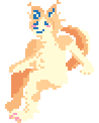 A pixel art fluffy white and brown dog, sitting.