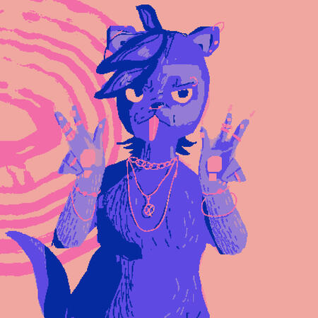 A half body of a purple scowling otter. She has many piercing and jewelry, and is posing with piece signs.