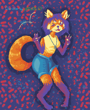 An anthro red panda posing with peace signs sticking her tongue out. She wears a white crop top, blue gene shorts and a black necklace. Character by “p0tat0_69”
